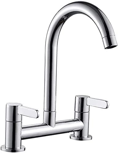 Kitchen Sink Mixer Taps, 2 Hole Kitchen Faucet, 360° Swivel Spout Dual Lever Sink Mixer Tap, Deck Mounted Taps, Cold and Hot Mixer Taps, 1/4 Turn with UK Standard Fittings (Chrome)