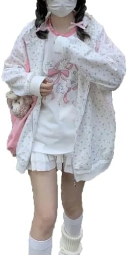 Women's Y2K Cute Floral Hoodies Kawaii Zip Up Hoodies Cartoon Cat Embroidery Oversized Pullover Sweatshirt