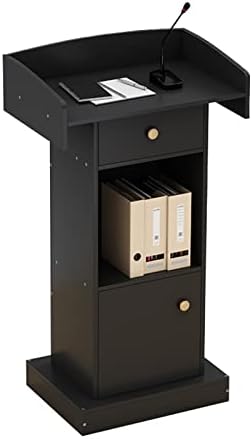 Black Wooden Podium Stand with Storage Shelf and Drawer - Perfect for Classrooms Reception Areas Hostess Stations and Churches - Stylish and Functional Design