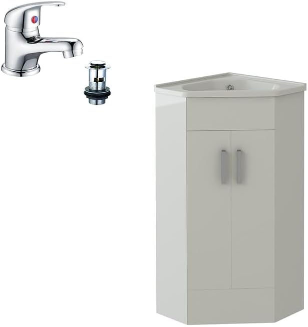 VeeBath Corner Cloakroom Vanity Unit and Basin with Mono Basin Mixer Tap and Waste, Space-Saving Bathroom Furniture Set, Ideal for Small Bathrooms and En-Suites in Gloss White, 400mm
