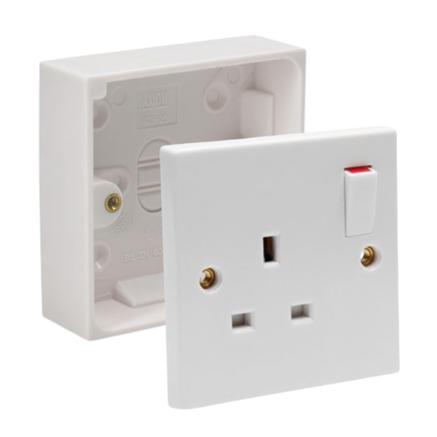 Single Switched Socket 1Gang 13Amps White Electrical Outlet - Compatible with Single 25/35/45mm Pattress Back Box Surface Mounted 1 Gang (1, SET with 25mm Box)