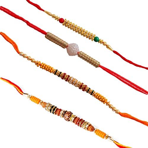 Designer Rakhi Set | Rakhi for Brother | Rakhi for bhai and bhabhi | ralhi for Brother Combo (Pack of 4), Metal, Diamond