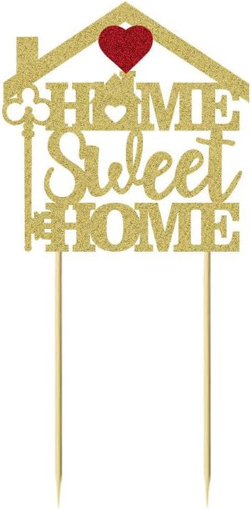 HSC Welcome Home Cake Topper, Sweet Home Cake Topper, House Warming Decorations with Gold Roof & Key and Red Heart Design, Bamboo Sticks & Glue Dots Included - Single-Sided Golden Paper - 1PC