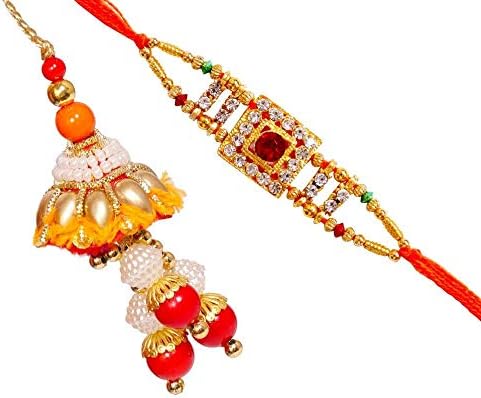 Designer Orange BHAIYA BHABHI LUMBA Rakhi Combo, Non-Precious Metal, American Diamond