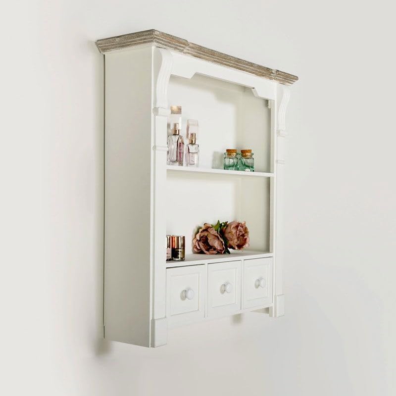 Melody Maison White Wooden Wall Shelf Unit with Drawers - 59cm x 68cm