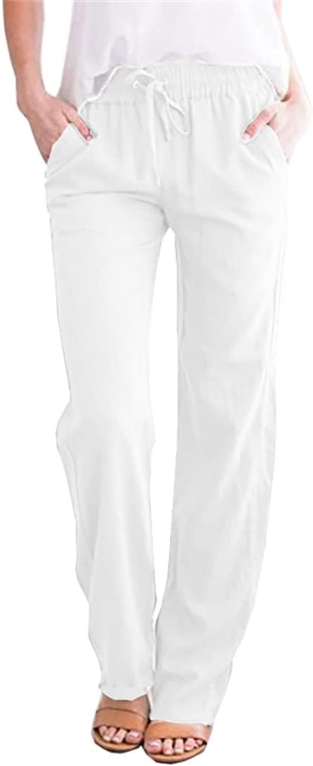 Womens Straight Leg Jogger Trousers Cotton and Linen Full Length Casual Full Elasticated Waist Bottoms Summer Drawstring Pants