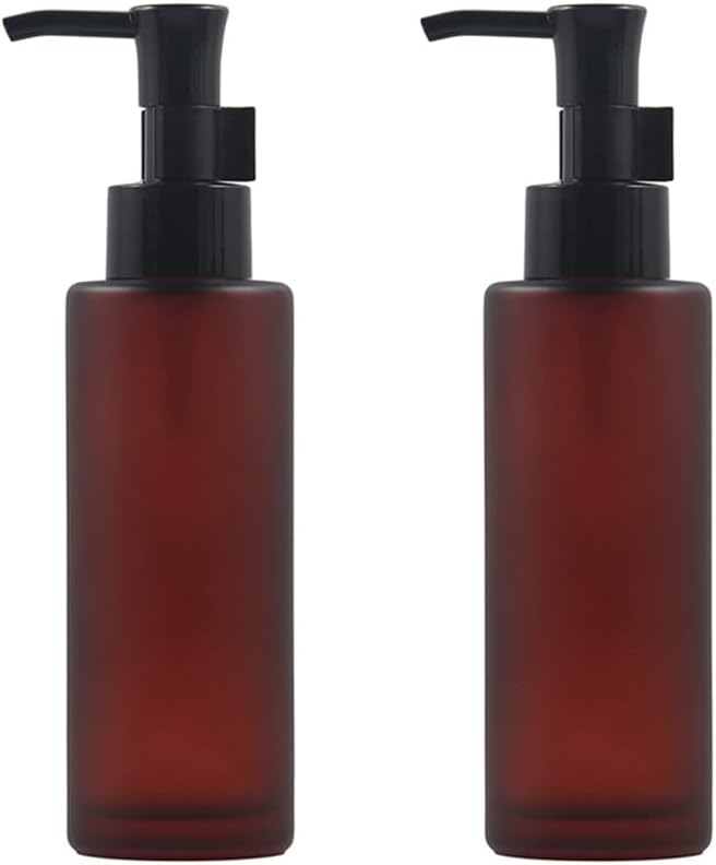 2PCS 100ml Amber Glass Bottles with Black Lotion Pumps Refillable Glass Liquid Soap Cream Dispenser Pump Bottles Containers for Bathroom, Kitchen and Garden