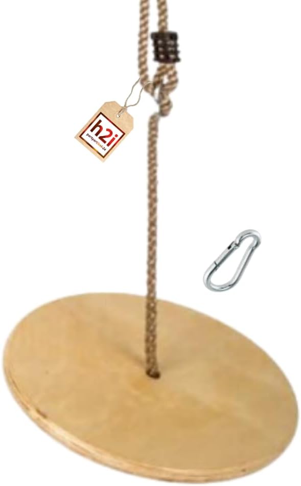 Children's plate swing seat disc made of wood, round with carabiner for hanging.