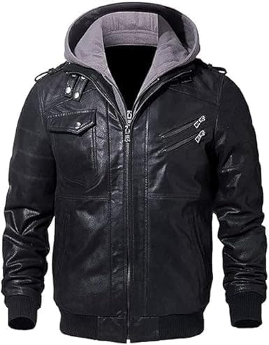 FIT WEAR Fitman Men's Faux Leather Bomber Jacket, Removable Hood
