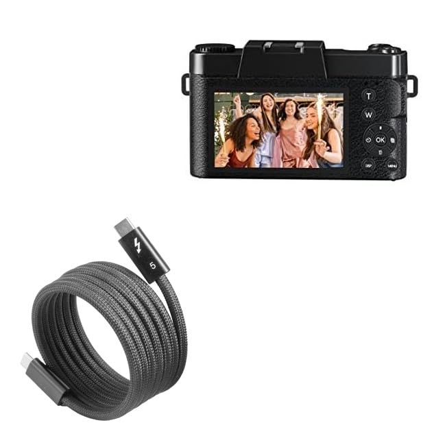 BoxWave Cable Compatible with Saneen Digital Camera 4K & 56MP - SnapWrap Thunderbolt 5.0 Cable (5ft 240W), Magnetic Self-Coiling Nylon Braided Retractable - Jet Black