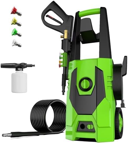 FIOCCO Electric Pressure Washer, 5000PSI Max 3.4 GPM Portable Power Washer with 35FT Cord, 20FT Hose, 4 Quick Nozzles, Foam Cannon High Power Washers Electric Powered for Car, Garden, Patio, Green