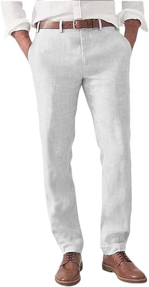Men’s Linen Blend Dress Pants Summer Casual Suit Trouser Slim Fit Lightweight Stretch Business Pants Long for Men