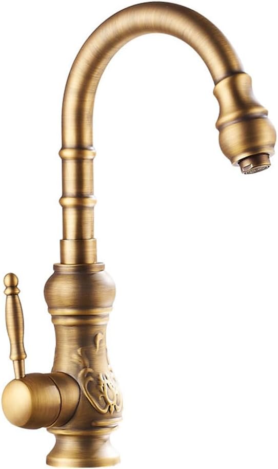 WQPMNYG Kitchen Tap High Arc Sink Mixer Taps, Antique Style Brass Single Lever 360° Swivel Commercial Kitchen Faucet, 1 Hole, Antique Brass Finished