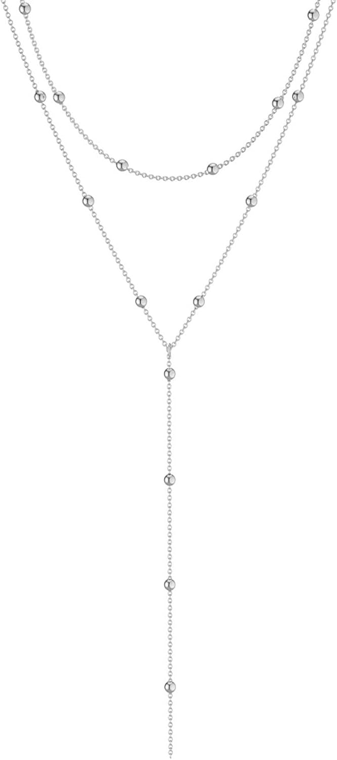 Aestustheri Long Layered Necklace for Women - Trendy Y-Shaped Drop Pendant Necklace, Simple Beaded Chain, Long Pendant Necklaces for Women, Fashion Jewelry Gift for Her, silver