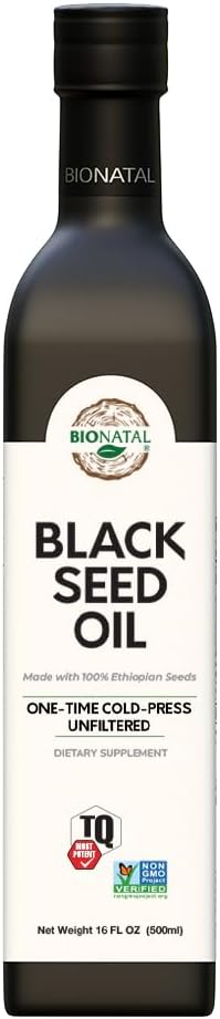 BioNatal Ethiopian Black Seed Oil – Cold Pressed Nigella Sativa Producing Black Cumin Seed Oil, Unrefined & Non-Filtered, High TQ Up to 4.64% – Supports Immune System, Digestion & Joints 16oz Glass
