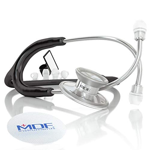 MDF Instruments, Acoustica Lightweight Stethoscope for Doctors, Nurses, Students, Home Health Use, Adult, Dual Head, Black Tube, Silver Chestpiece-Headset, MDF747XP11