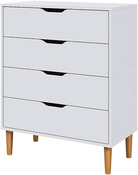 Panana Chest of Drawers, Wood 4 Drawers Cabinet Storage Organiser Unit with Wooden Legs for Living Room Bedroom Hallway (White)