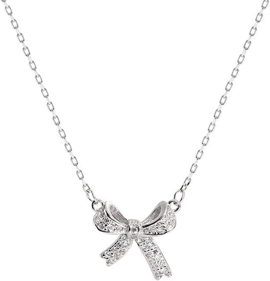 GAUEIOUR Sterling Silver Bow Necklace for Women, Butterfly Collarbone Necklace with Cubic Zirconia Stones, Light Luxury Sparkling Minimalist Design, Women's Fashion Jewelry