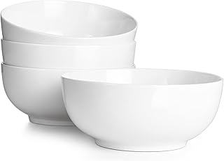 DOWAN 39 OZ Large Deep Bowls Set of 4 - White Ceramic Bowls for Ramen, Pasta, Salad, Mixed Fruit - Dishwasher & Microwave Safe