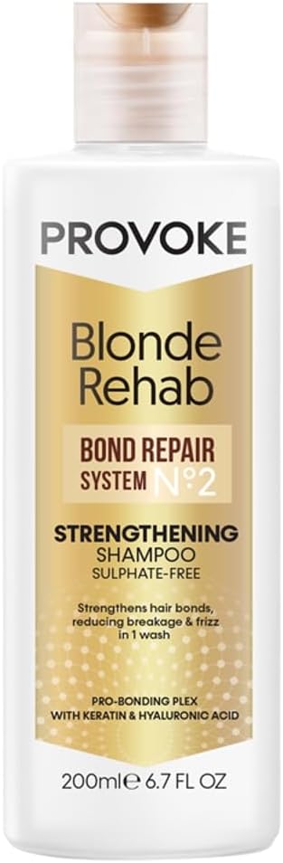PROVOKE Blonde Rehab N0'2 Bond Strengthening Sulphate-Free Shampoo 200 ml, Reduces Breakage and Frizz in 1 Wash Formulated with a Pro Bonding Complex, Keratin and Hyaluronic Acid, for Damaged Hair