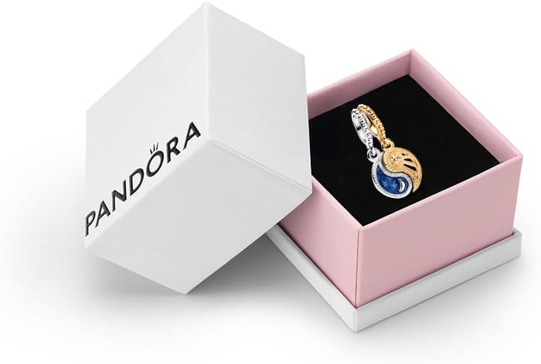 PANDORA Two-Tone Splittable Sun & Moon Dangle Charm - Compatible with PANDORA Moments & ME - Gift for Her - Sterling Silver & 14k Gold with Blue Crystals - With Gift Box