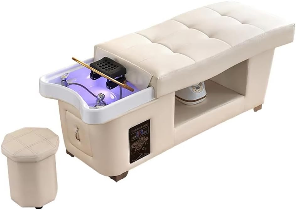 Professional Beauty Salon Shampoo Bed Head Spa Equipment with Water Circulation,Steamer,Shampoo Chair Luxury Head Care SPA Shampoo Bed (Beige)