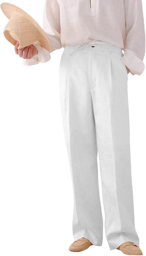 Men's Casual Linen Pants Beach Summer Drawstring Elastic Waist Lightweight Pants Vacation