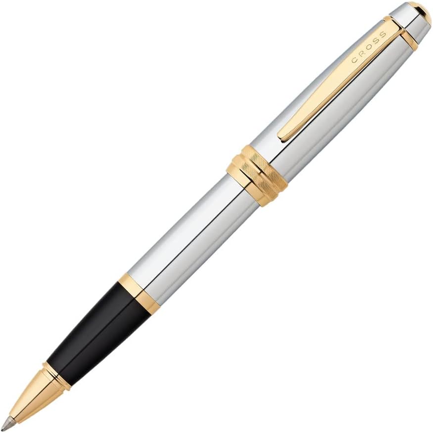 Cross Bailey Refillable Click-Off Cap Metal Rollerball Pen with 23 Carat Gold-Plated Appointments, Medium Ballpoint, includes Premium Gift Box and Black Cartridge, 1 Pack, Medalist