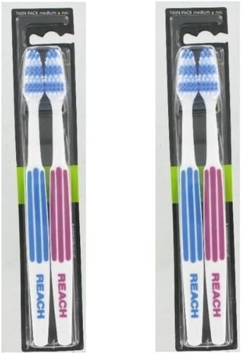REACH Essential Care Interdental Medium Toothbrush, Duo Pack x 2, Full Head Hard Bristle Manual Toothbrushes, Variety Colors Multipack, Daily Oral Enamel Dental Care