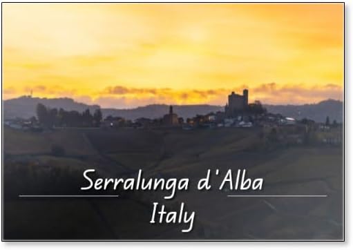 Serralunga D'alba and Its Castle with Vineyards at Sunrise in Backlight in Autumn, Cuneo, Langhe and Roero, Piedmont, Italy, Fridge Magnet