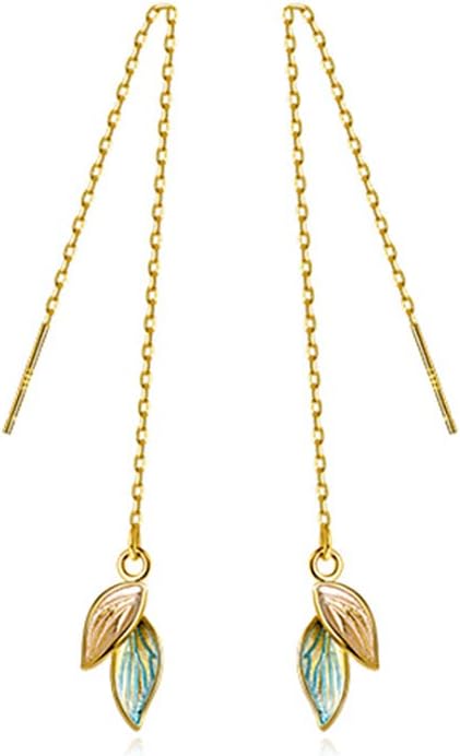 Reffeer Solid 925 Sterling Silver Leaf Chain Dangle Earrings for Women Teens Leaf Dangle Drop Earrings Threader Tassel