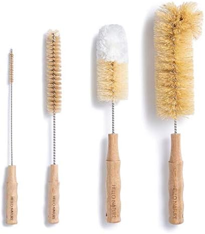 4 Pcs Bamboo Bottle Brush Set by HELLO NATURE – Long Handle Cleaning Brushes for Water Bottles, Baby Bottles & Glassware, Sustainable & Plastic-Free