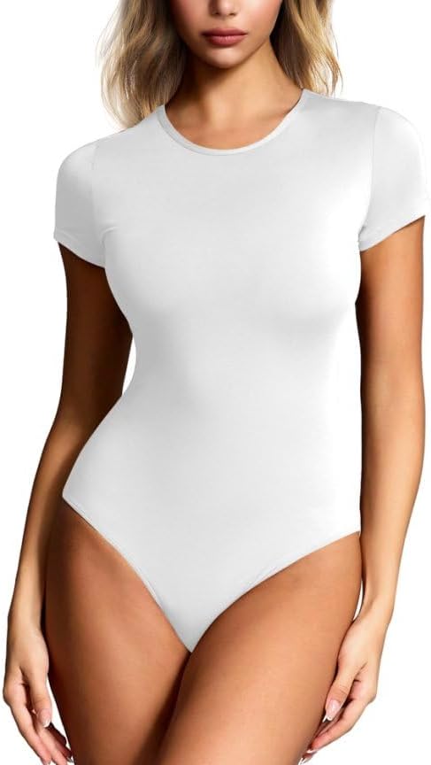 Women's Round Neck Short Sleeve Bodysuit Tops - Stretchy Casual Basic Double-Lined T-Shirt Body Suits for Women