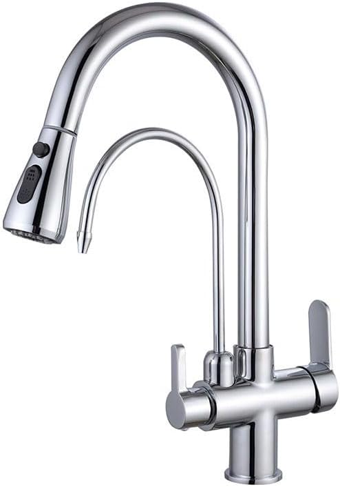 Kitchen tap 3-Way Kitchen Faucet with Drinking Water Filter, Pull-Out Spray, 360° Swivel, Stylish Brass Gold Mixer Tap for Easy Water Access & Modern Kitchen Decor(Chrome)