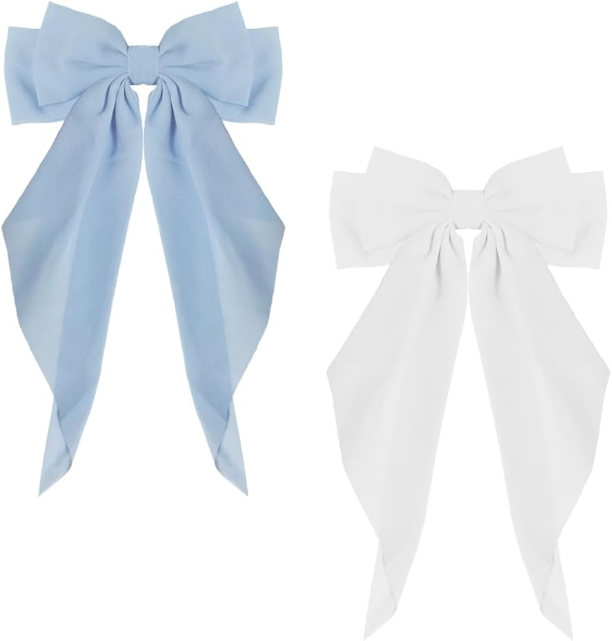 ZEVONDA 2 Pieces Big Bow Barrettes - Chiffon Hair Bow Clips French Bowknot with Long Tail Solid Color Bowknot Metal Hairpin Women Girl (Blue+White)