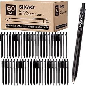 Sikao Black Pens | 60 Pack Retractable Ballpoint Pens Multipack | Black Ink Medium Point 1.0mm | Smooth Writing Ball Point | School Office Supplies, Box of Pens Bulk (Black Ink)
