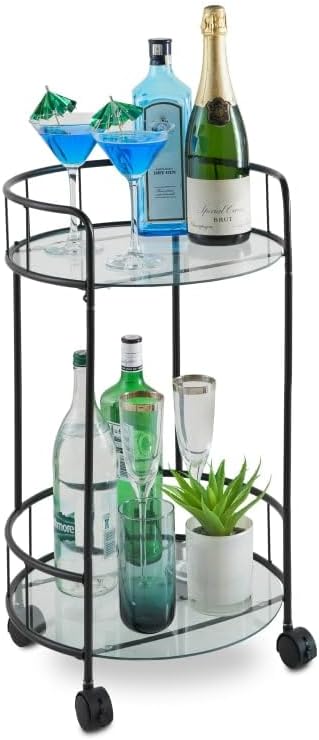 spot on dealz® Drinks Trolley Kitchen Island Bar Cart Trolley Serving Trolleys With Two Glass Shelves Black Mini Bar Table Four Plastic Castor Wheels Flat Pack
