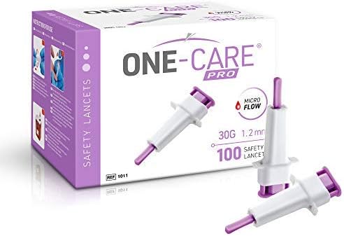 ONE-CARE PRO Safety Lancets, Top Push Button Activated, 30G x 1.2mm, 100/bx, Sterile, Gentle & Comfortable Sampling