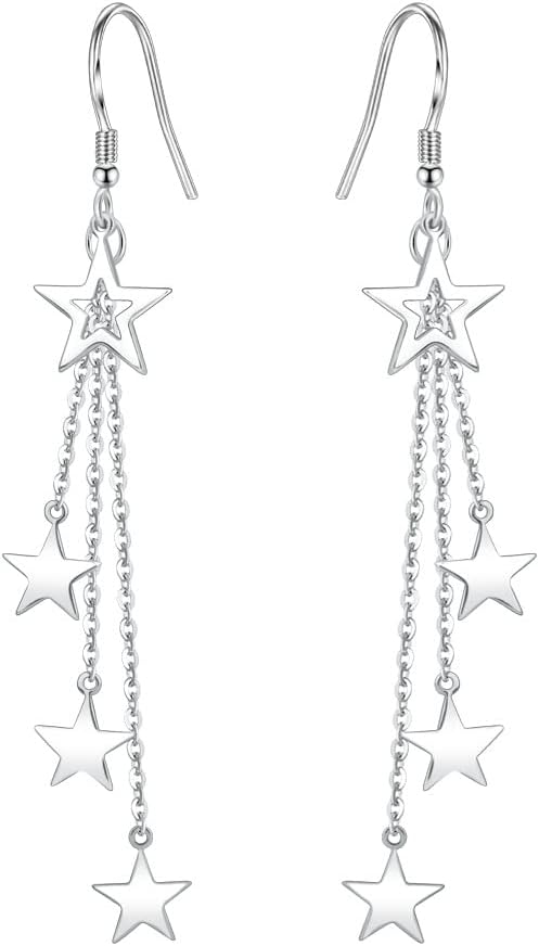 BSLVWG Star Dangle & Drop Earrings - Silver Star Dangling Earrings With Long Chain & Tassel Studs - Women & Girls' Jewelry