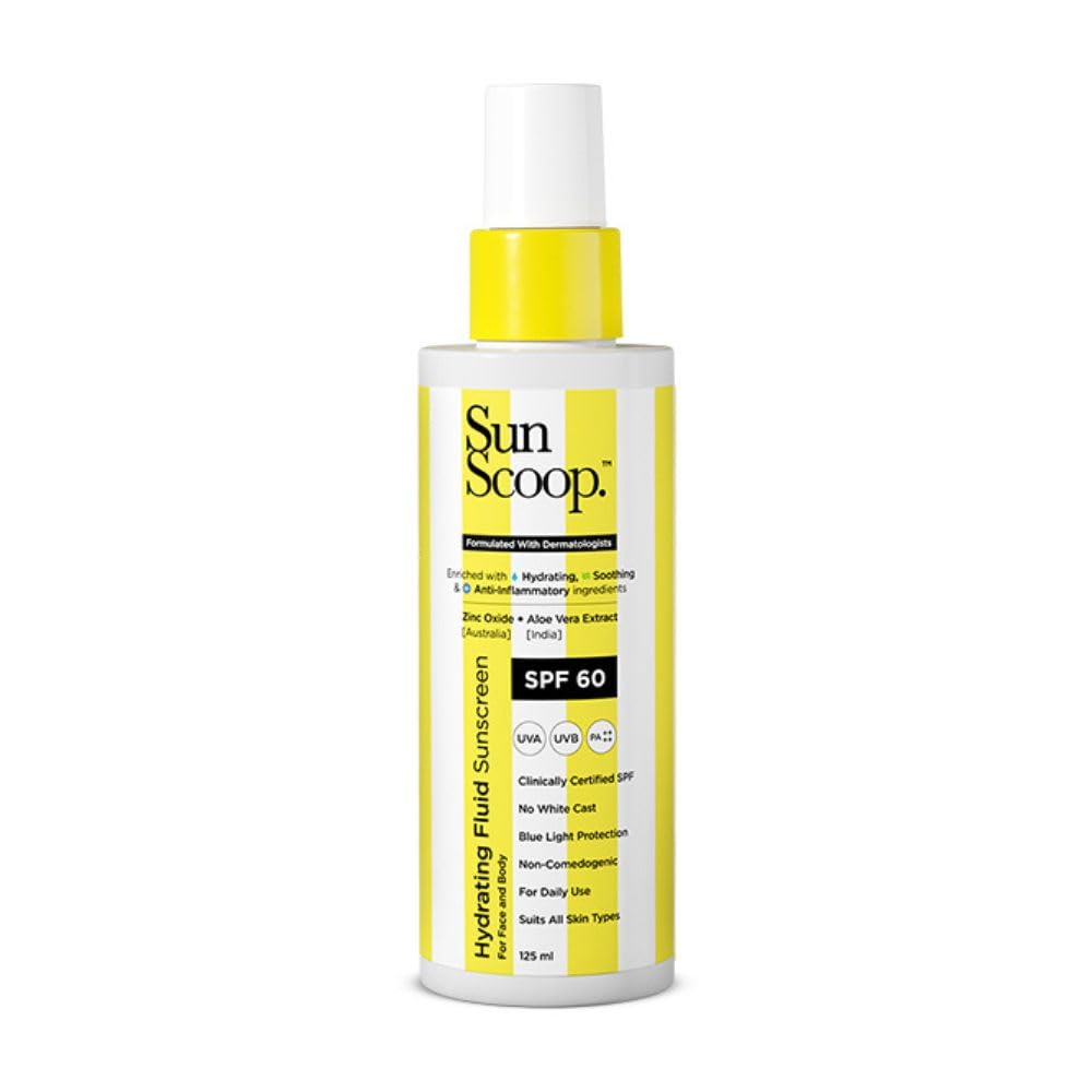 SunScoop Hydrating Face & Body Fluid Sunscreen Spray | SPF 60 PA++++ | Water Resistant With Zinc Oxide | Broad Spectrum, No White Cast, Non-Comedogenic Quick Absorbing | For Men & Women | 125ml
