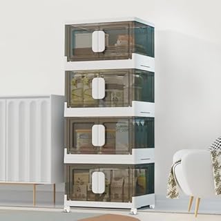 Storage Bins with Lids-180 Qt Stackable Storage Bins with Wheels, 4 Pack Collapsible Closet Organizers and Storage Folding Storage Boxes with Door Foldable Plastic Storage Cabinet for Clothes, Book