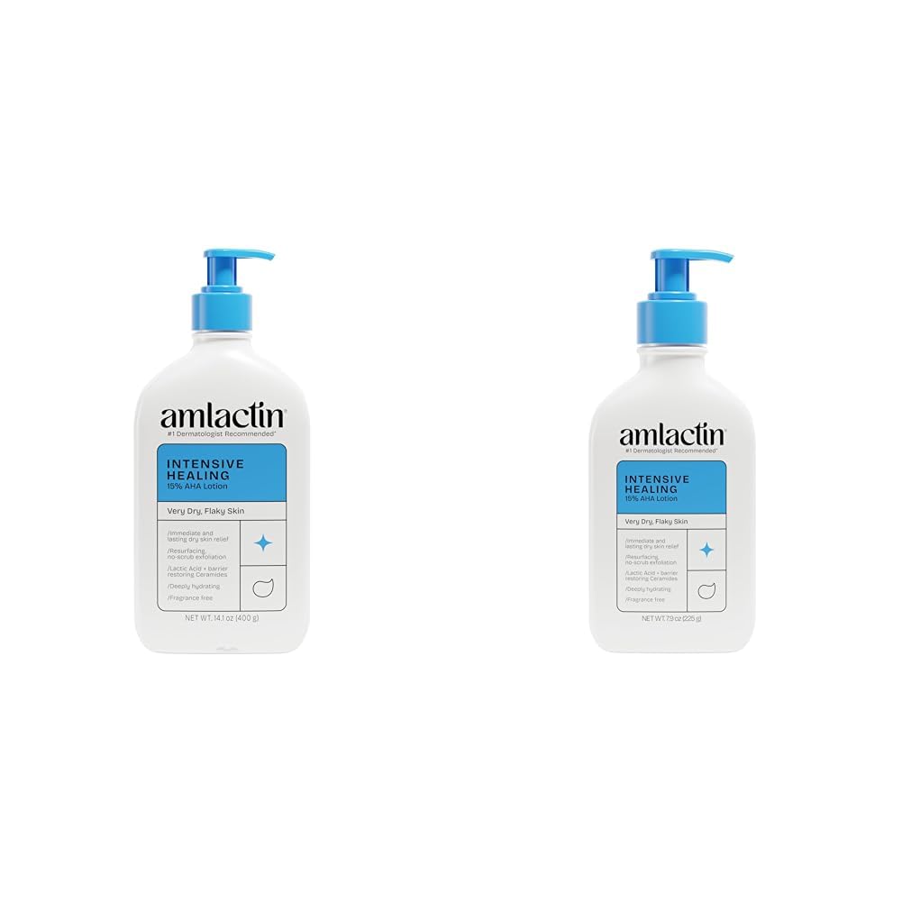 AmLactin Intensive Healing Body Lotion for Dry Skin - 14.1 oz and 7.9 oz Pump Bottles - 2-in-1 Exfoliator & Moisturizer with Ceramides & 15% Lactic Acid