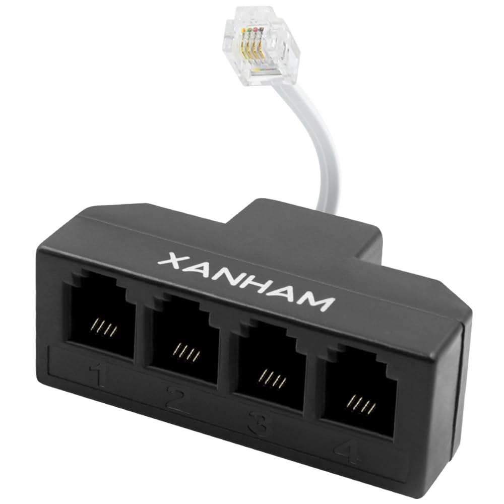 RJ11 Cable 4 Way Splitter 6P4C Connector Phone Line Cord Adapter with 3 inch Cable for Landline Telephone Wire, Black, AV01403