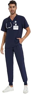 COZYFIT Men Scrubs Set — Stretch V-Neck Scrub Top & Jogger Pant with 8 Pockets, Yoga Waistband, Anti-Wrinkle Scrubs for Men