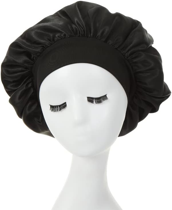 Hair Bonnet for Sleeping, Wide Elastic Band Satin Bonnet Silk Bonnet Shower Cap for Women Girls Makeup Hair Care Elastic Hat Soft Sleep Cap Satin Head Cover for Night Sleep Curly Hair Protection