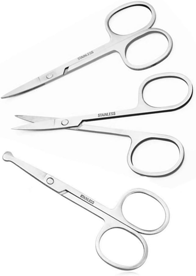 Small Scissors, 3.5in Beauty Scissors,for Personal Facial Hair Grooming ，Curved and Round Design, for Trim Men/Women Eyebrows Trimming, Eyelashes,Nose Hair, Ear, Mustache 3 Pack