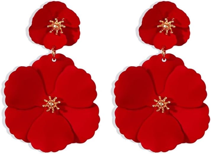 FDEETY Large Flower Boho Drop Dangle Earrings - Vintage Matte Flower Stud Earrings - Lightweight Jewelry for Women and Girls - Party Prom Accessories