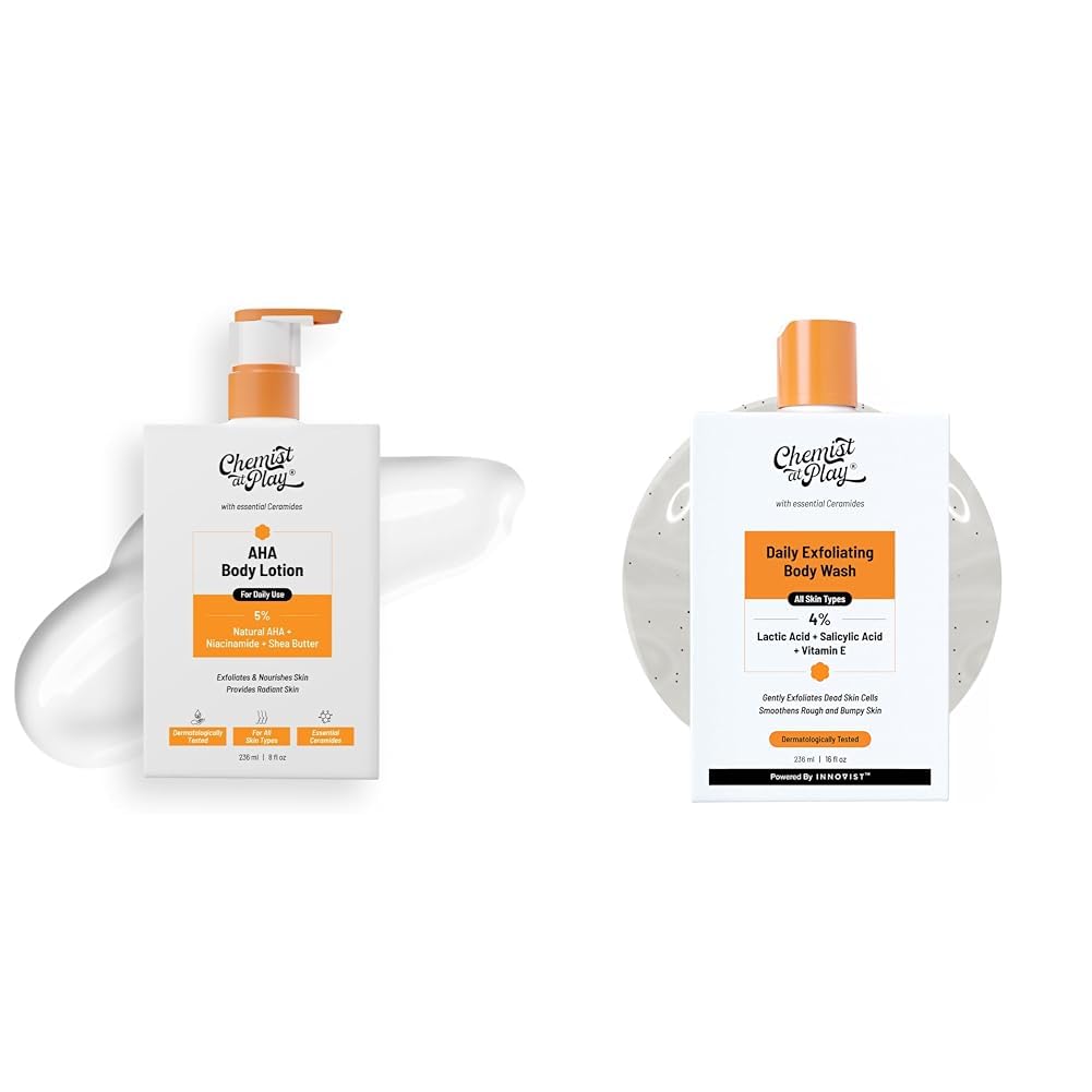 Chemist at Play The Shower-to-Softness Duo| Gentle Exfoliating Body Wash for Rough & Bumpy Skin 236ml| AHA Body Lotion for Dry, Dull Skin 236ml