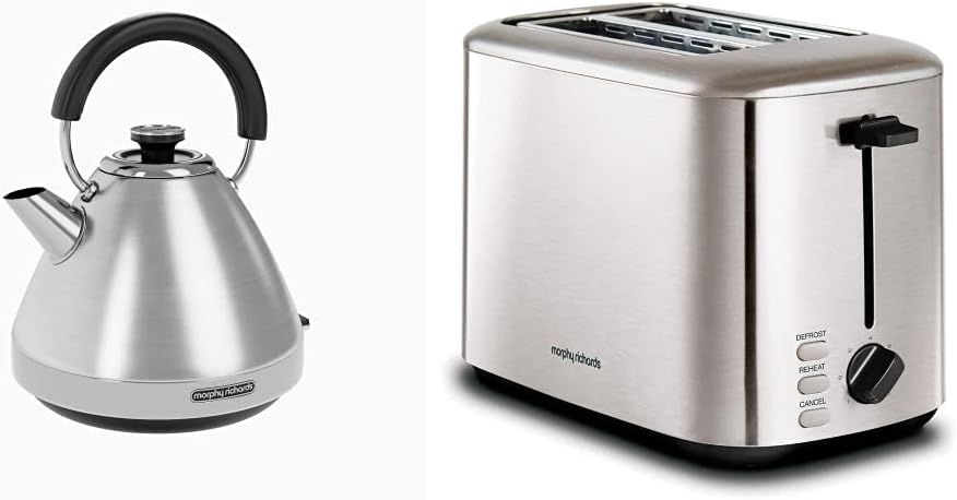 Morphy Richards 100130 Venture Pyramid Kettle Brushed Stainless Steel & 222067 Brushed Equip 2 Slice Stainless Steel Toaster, 800 W, Brushed