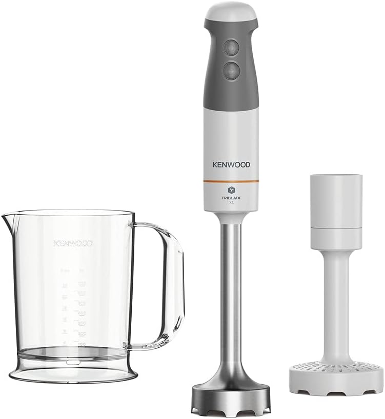 Kenwood Triblade Hand Blender, Mixer with Anti-Splash, Masher Attachment and BPA-Free Plastic Beaker, HBM40.004WH, Dishwasher Safe, 850W, White